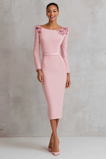 Col bateau rose fourreau appliques robe de travail midi